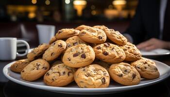 ai generato pila di fatti in casa cioccolato patata fritta biscotti su piatto generato di ai foto