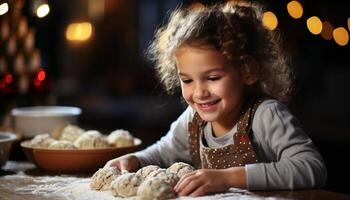 ai generato sorridente ragazza cottura al forno biscotti, godendo infanzia divertimento generato di ai foto