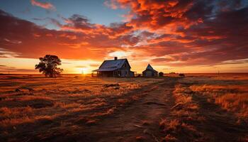 ai generato tranquillo tramonto al di sopra di rustico azienda agricola, natura bellezza generato di ai foto