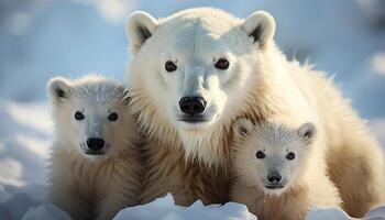 ai generato carino soffice polare orso seduta nel il nevoso artico generato di ai foto