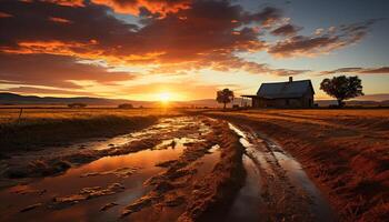 ai generato tranquillo tramonto al di sopra di rurale azienda agricola, natura bellezza generato di ai foto