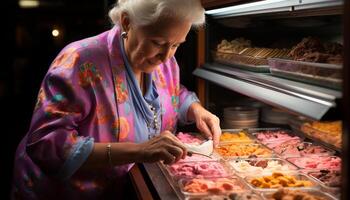 ai generato uno anziano donna preparazione cibo nel un' memorizzare generato di ai foto