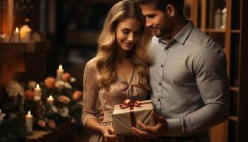 ai generato sorridente coppia abbraccia amore, festeggiare Natale insieme generato di ai foto