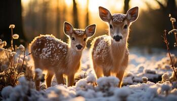 ai generato carino cervo nel inverno foresta, guardare a telecamera generato di ai foto