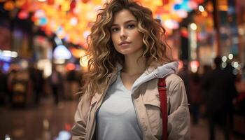 ai generato giovane donna nel inverno, sorridente, guardare a telecamera generato di ai foto