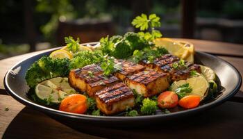 ai generato grigliato carne e verdura piatto, un' buongustaio pranzo generato di ai foto