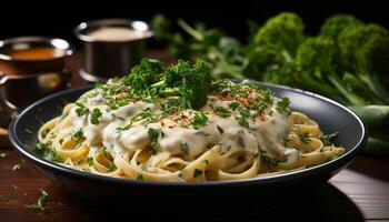 ai generato fresco pasta con prezzemolo, buongustaio salsa, e verdure generato di ai foto