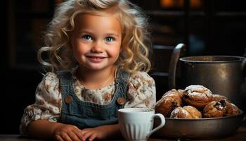 ai generato sorridente ragazza godendo dolce biscotto e latte generato di ai foto