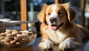 ai generato carino cucciolo seduta su tavolo, guardare a cibo generato di ai foto