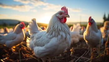 ai generato polli pascolare liberamente nel il vivace azienda agricola prato generato di ai foto