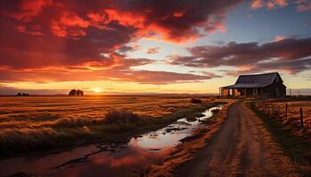 ai generato tramonto al di sopra di rurale paesaggio, natura bellezza nel prato generato di ai foto