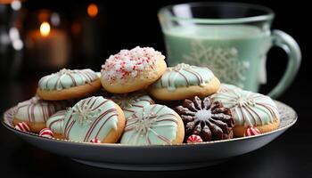 ai generato fatti in casa biscotto con cioccolato glassatura e caramella decorazione generato di ai foto
