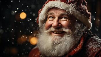 ai generato sorridente inverno uomo celebra Natale con neve generato di ai foto