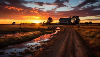 ai generato tranquillo tramonto al di sopra di rurale azienda agricola, riflettendo bellezza generato di ai foto