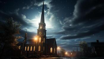 ai generato Gotico cappella illuminato di chiaro di luna, un' spaventoso vista generato di ai foto