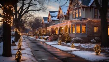 ai generato inverno notte illuminato di Natale luci e lanterne generato di ai foto