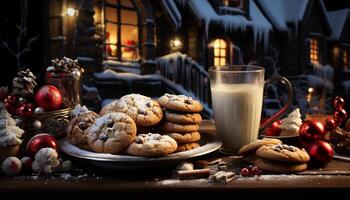 ai generato fatti in casa cioccolato patata fritta biscotti su rustico inverno tavolo generato di ai foto