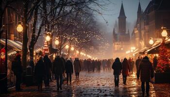 ai generato notte si illumina inverno città vita, affollato con turisti generato di ai foto