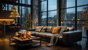 ai generato moderno vivente camera con confortevole divano e illuminato lampada generato di ai foto