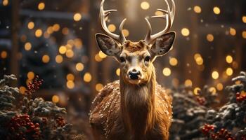 ai generato carino cervo illuminato di Natale luci nel inverno generato di ai foto