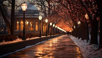 ai generato inverno notte lanterne illuminare neve coperto albero generato di ai foto