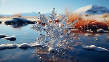 ai generato inverno bellezza riflessa nel congelato acqua e neve generato di ai foto