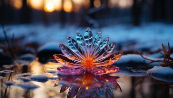 ai generato fiamma colorato fiore riflette nel tranquillo stagno acqua generato di ai foto