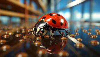 ai generato coccinella strisciando su verde foglia, bellezza nel natura generato di ai foto