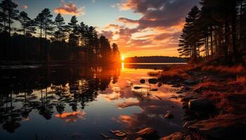 ai generato tramonto al di sopra di il tranquillo foresta, riflettendo su acqua generato di ai foto