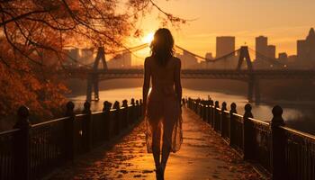 ai generato giovane donna jogging all'aperto a tramonto di il ponte generato di ai foto