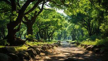 ai generato tranquillo scena verde foresta, luce del sole, singolo corsia strada generato di ai foto