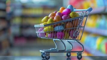 ai generato diverso colore Pasqua uovo nel un' shopping carrello nel un' shopping mollusco foto