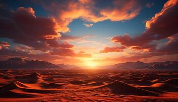ai generato maestoso tramonto al di sopra di tranquillo sabbia dune e montagne generato di ai foto