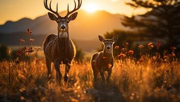 ai generato cervo pascolo nel prato, natura tranquillo bellezza generato di ai foto