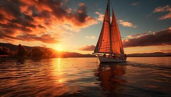 ai generato barca a vela andare in barca a tramonto, natura tranquillo avventura generato di ai foto