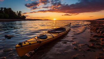 ai generato tramonto al di sopra di acqua, kayak nel tranquillo estate crepuscolo generato di ai foto
