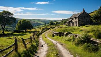 ai generato rurale paesaggio natura bellezza, verde prato, vecchio agriturismo generato di ai foto