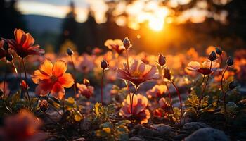 ai generato tramonto prato, vivace fiori fioritura nel natura generato di ai foto
