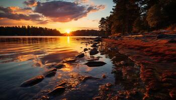 ai generato tranquillo scena di tramonto al di sopra di acqua e foresta generato di ai foto