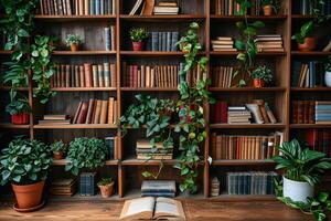 ai generato vuoto di legno tavolo e accogliente biblioteca sfocatura, rustico lettura angolo foto