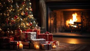 ai generato Natale albero incandescente, decorazioni illuminare accogliente casa generato di ai foto