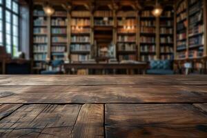 ai generato rustico vuoto di legno tavolo e sfocato biblioteca scena sfondo foto