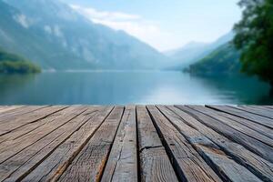 ai generato di legno tavola con sfocato in riva al lago bellezza sfondo foto