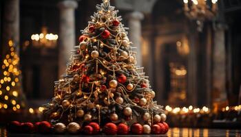 ai generato Natale albero decorazione illuminato in casa con Natale luci generato di ai foto