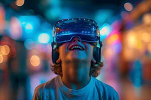 ai generato giovane ragazzo abbraccia futuristico vr visione foto