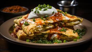 ai generato grigliato Manzo taco con fatti in casa guacamole e acida crema generato di ai foto