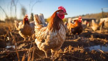 ai generato rurale scena polli pascolo, Gallo canto, Alba maestoso generato di ai foto