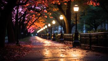 ai generato illuminato strada leggero brilla su natura autunno bellezza generato di ai foto
