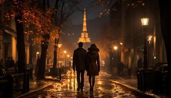 ai generato giovane coppia a piedi nel il illuminato città a crepuscolo generato di ai foto