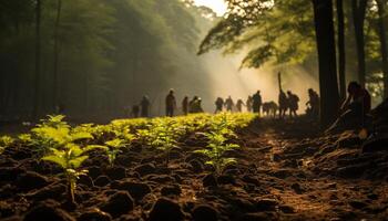 ai generato famiglia a piedi attraverso il foresta nel il tramonto generato di ai foto